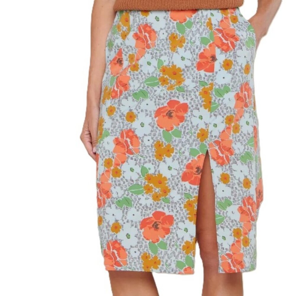 TOAD & CO Skirt Midi Sunkissed Elastic Waist Pockets Weathered Blue Print Small